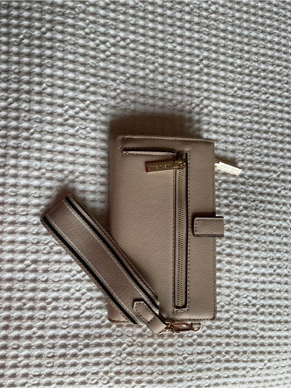 Anne Klein Taupe Zip Wristlet with Gold Logo